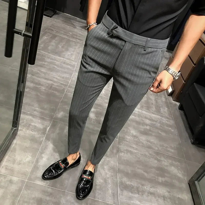 sanyamk   -  British Style Suit Pants Men Dress Pants Social Slim Fit Office Trousers Men Grey Spring New Striped Belt Trousers Men's