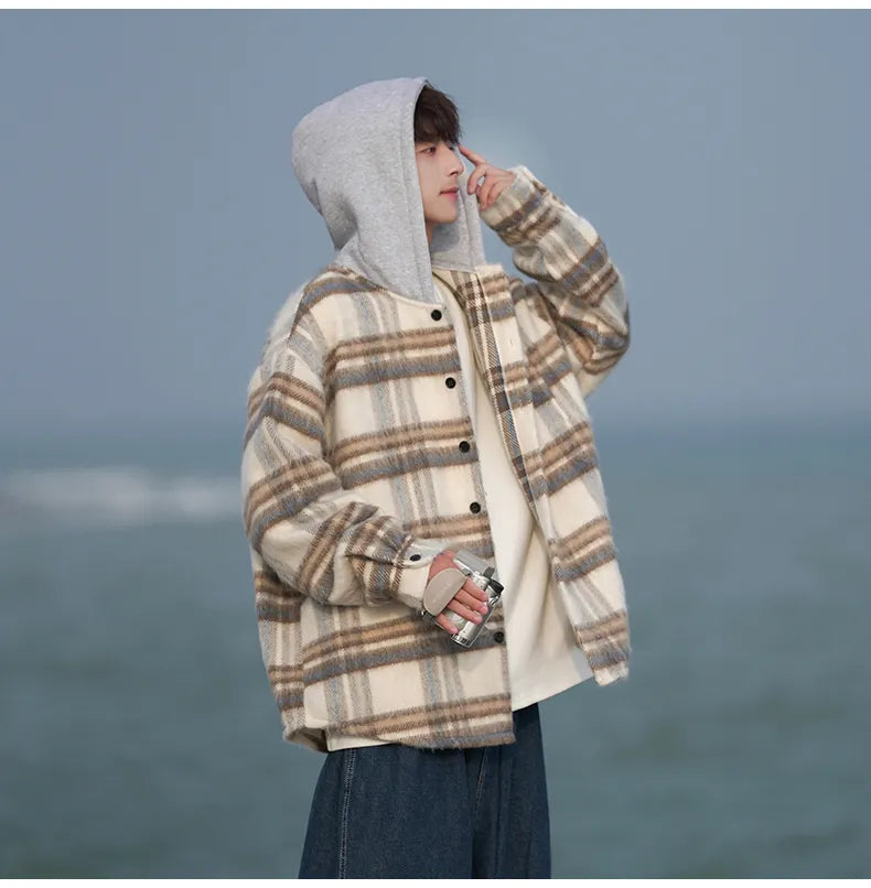 Bonsir Autumn/Winter New Woolen Plaid Loose Hooded Large Jacket Coat Fashion Men Clothing Daily Overcoat Handsome Unisex Parka