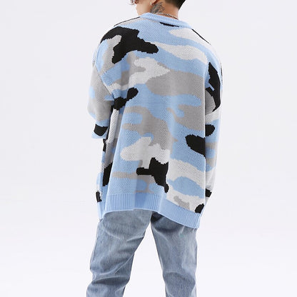 Bonsir Original Cow Texture Spliced Casual Winter Men's Clothes Round Neck Pullover Knit Oversize Retro Couple Sweater Loose Streetwear