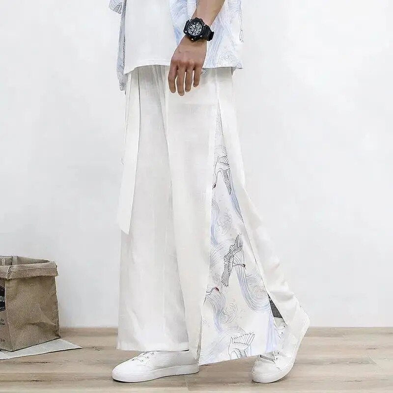 sanyamk Cotton Linen Wide Leg Pants Mens Chinese Style Patchwork Vintage Man Leisure Trousers Summer Harem Pants Male Fashion Pants