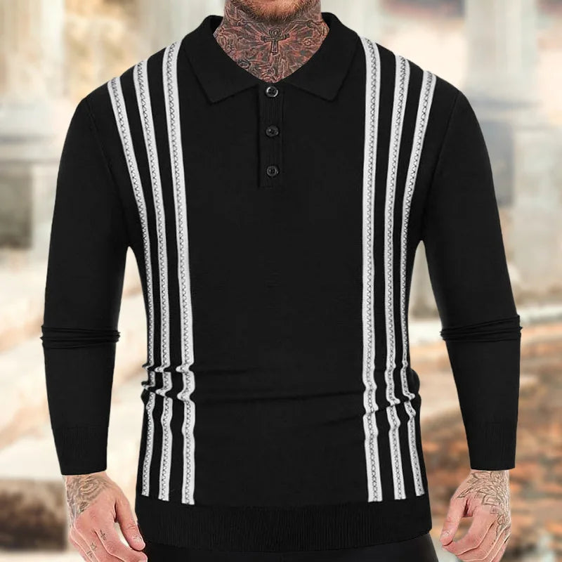 sanyamk 2024 Spring New Casual Knitwear Male Long Sleeve Turn-down Collar Polo Shirts Knitted Striped Patchwork Pullovers Men Clothing