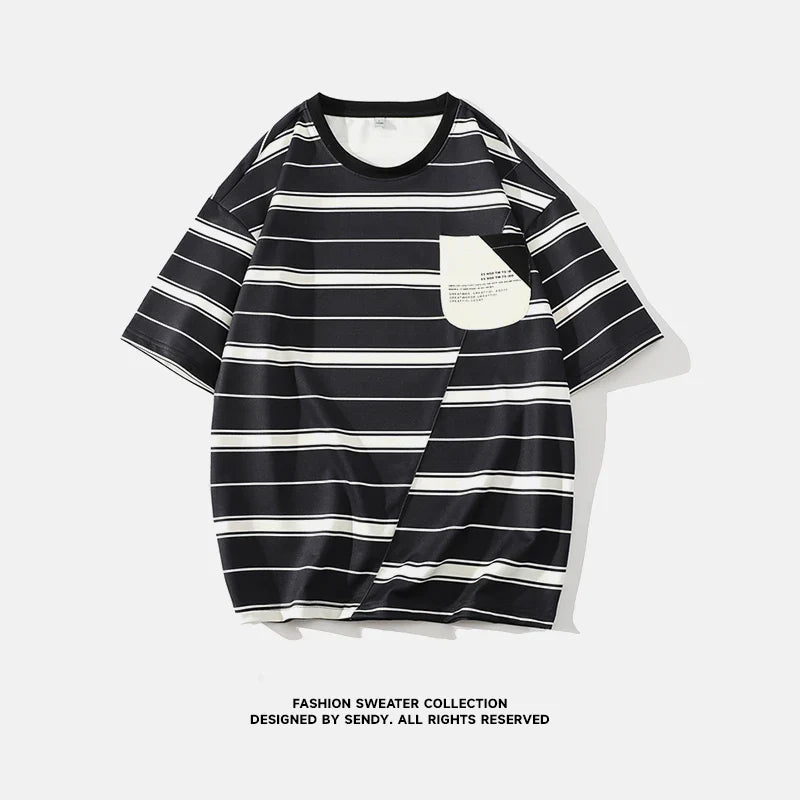 sanyamk Summer New Vintage Striped Printing Pocket Tee Homme Half Sleeve Loose Casual Fashion T-shirt Male Japanese Style Pullover Top