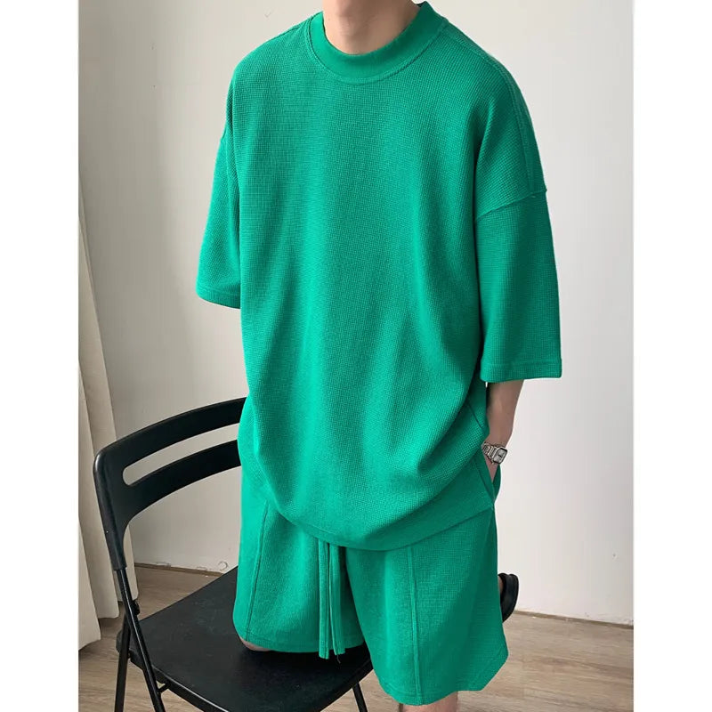 sanyamk  -  Summer Set Men Fashion Black Green Sports Set Men Streetwear Korean Loose Short Sleeved T-shirts Shorts Set Mens Short Sets