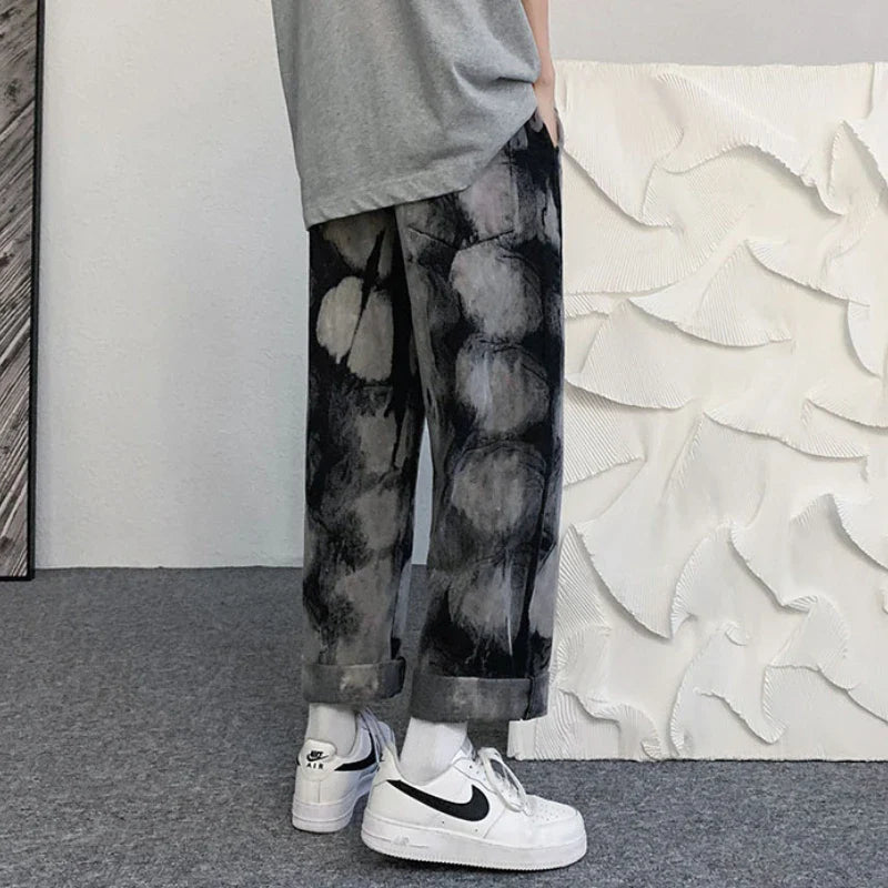 sanyamk New Spring Autumn Denim Pants Men Tie-Dye Sports Straight Casual Jean Pants Men's Hip-Hop High Street Trendy Wide-Leg Jeans