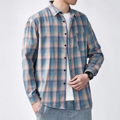 sanyamk Spring Autumn New Polo-Neck Single-breasted Pockets Plaid All-match Long Sleeve Fashion Loose Casual Comfortable Men's Shirt Top