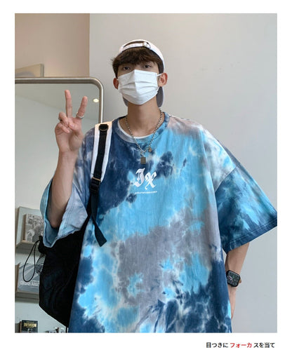 Bonsir Men Summer New Hot Hip Hop Streetwear Fashion T-Shirts Cotton Oversized Top Tees Mens Casual Tie-Dye O-Neck Short Sleeve T Shirt