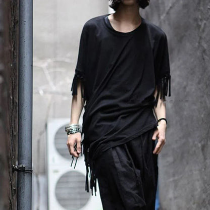 Bonsir New Men T Shirt Tassel Solid Color Cloak Punk Style Streetwear Fashion Irregular Tops O-neck Loose Casual Cape Camisetas