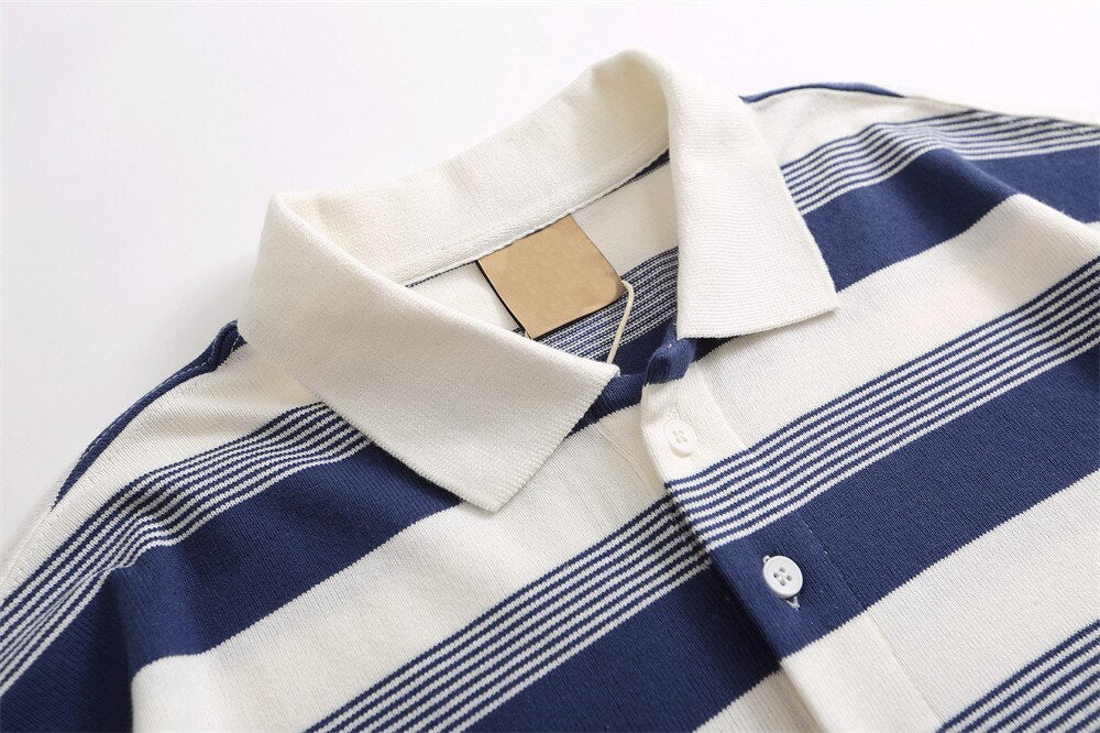 sanyamk Men Polo Shirts T-shirt Summer Loose Striped Polo Shirts Men's Casual Short Sleeve Button Turn-down Collar Pullover T-shirt