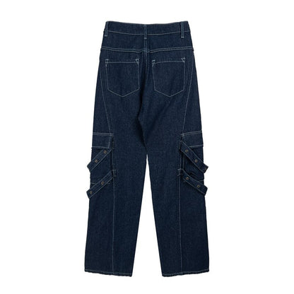 Bonsir Harajuku Solid Color Multi-pockets Jeans Pants Men and Women Straight Cargo Pants Washed Streetwear Baggy Casual Denim Trousers