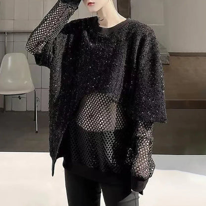 sanyamk Mens y2k sequin mesh stitching see-through sexy long-sleeved T-shirt autumn genderless nightclub fashion trend long top unisex