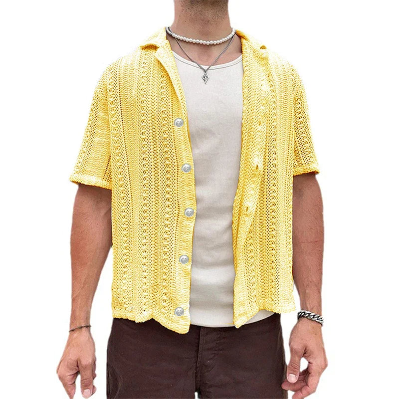 sanyamk Summer Mens Knitted Shirts Beach Casual Solid Color Short-sleeved Button Lapel Knit Cardigan Men Tops Knitting Embroidery Shirt