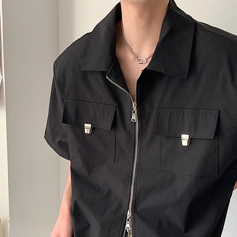 sanyamk 2024 Summer New Mens Fashion Shirts Zipper Turn-down Collar Patchs Pockets Cargo Shirt Men Vintage Y2K Loose Short Sleeve Shirts