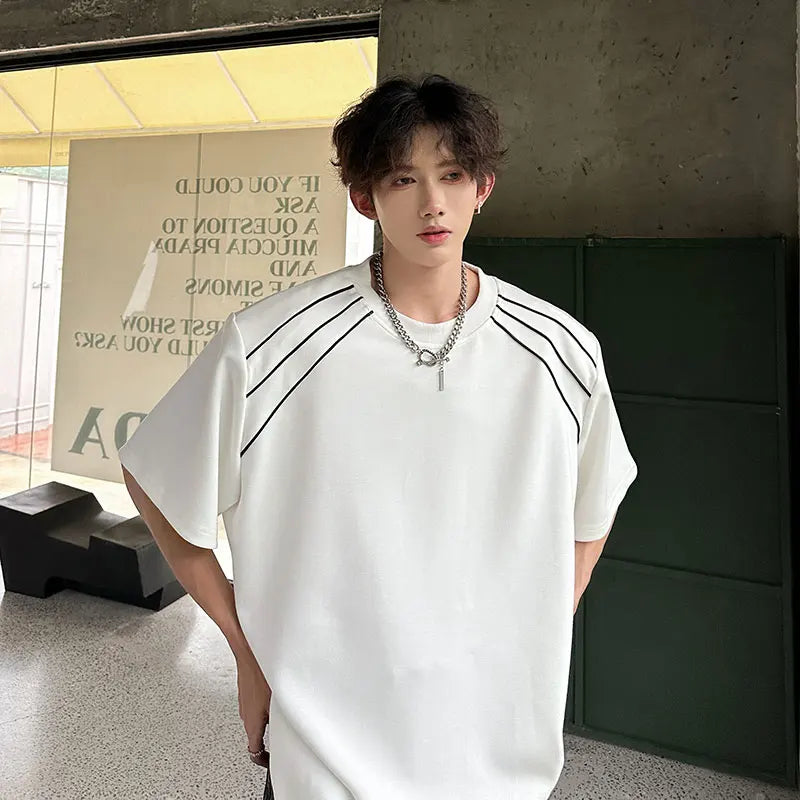 sanyamk  -  Men T-shirt Striped Shoulder Pad Short Sleeve Tee Fashion Oversized t-shirts for men Korean Style Hip Hop Clothes Black White