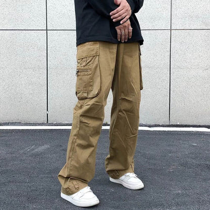 Bonsir Retro Multi-pockets Streetwear Wide Leg Casual Men's Cargo Pants Solid Color Straight Harajuku Hip Hop Loose Trousers Overalls