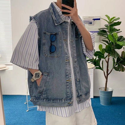 Bonsir Denim Sleeveless Jacket Men Fashion Oversized Harajuku Denim Jeans Casual Jeans Waistcoat Cowboy Hip Hop Streetwear Clothing