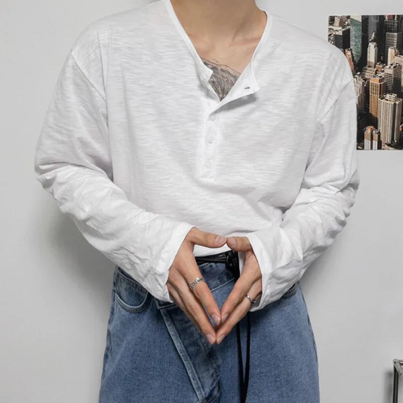sanyamk  -   New Fashion Men's T-shirts Button Long Sleeve Autumn Menwear Pullover Solid Color Male Clothing Trendy Autumn Simple 9C7800