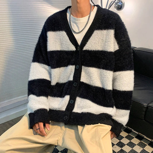 sanyamk Male Cardigans Vintage Retro Sweater Men's Knitted Contrast Color Sweater Winter Warm Casual Korean Streetwear Harajuku F140