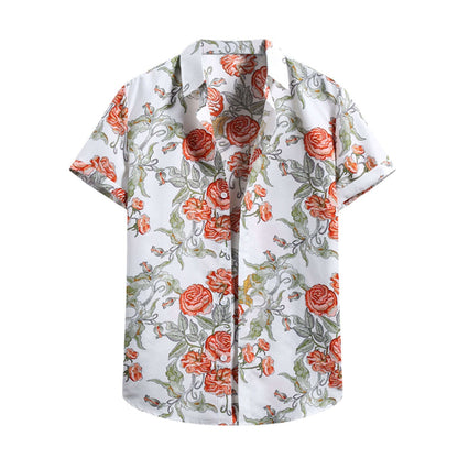 sanyamk Men's Shirts Vintage Ethnic Style Lattice Printing Summer Casual Streetwear Stand Collar Short Sleeve Loose Mens Hawaiian Shirt