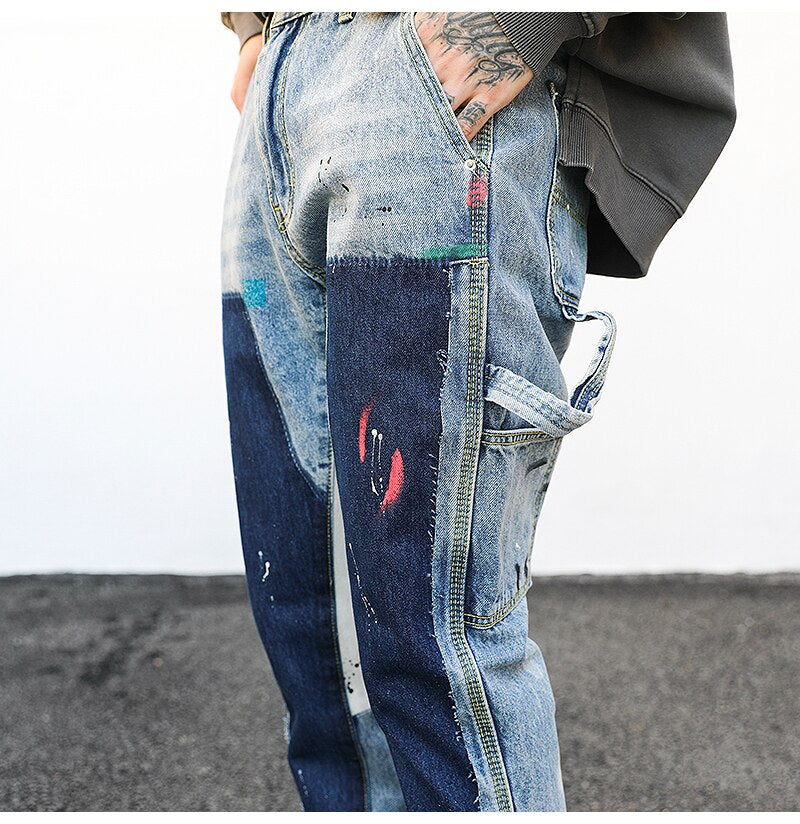 Bonsir High Street Splash Ink Patchwork Stitching Jeans Men Fashion Multiple Pockets Econstructed Flared Denim Pants Male