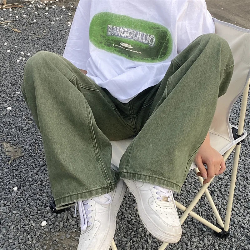 sanyamk Green Jeans Baggy Distressed Vintage Denim Trousers Male Wide Leg Pants Men Streetwear Retro Oversize Casual Hip Hop