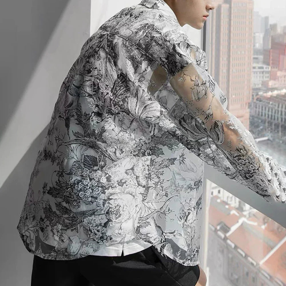 Bonsir Shirts Men Fashion Mesh Floral Shirt Harajuku Gothic Top Long Sleeve Korean Loose Street Sun-proof Summer Holiday Casual Clothes