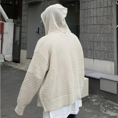 sanyamk Vintage Knit Mesh Coat for Men Hole Hooded Cardigan Long Sleeve Tee Male Casual Autumn Japanese Streetwear Hip Hop