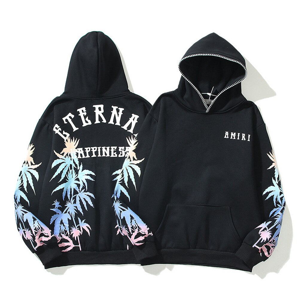 Bonsir High Street Hoodies Loose Couple Palm Tree Print Embroidery Casual All-match Hooded Sweatshirt Streetwear Pullover 24H shipped