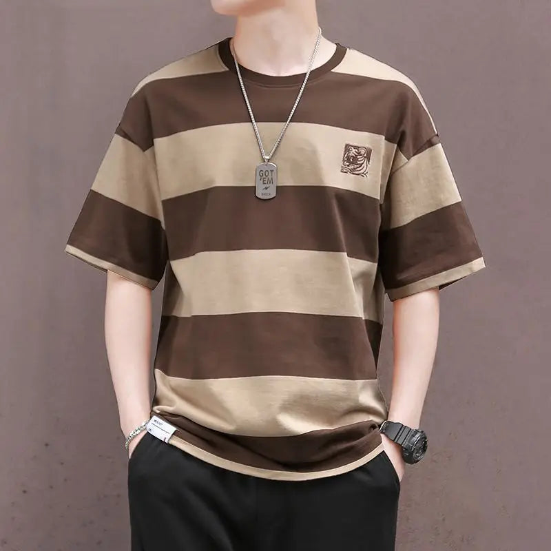 sanyamk Summer New Men's Pullovers Crew Neck Contrast Color Casual Fashion Loose All-match Young Style Short Sleeve Striped T-shirt Tops