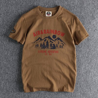 sanyamk Summer New American Retro Short Sleeve O-neck Mountain Printed T-shirt Men's Fashion 100% Cotton Washed Old Youth Casual Tops