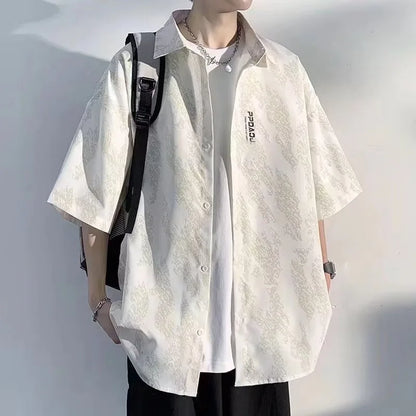 sanyamk Men's Clothing 2024 Summer Trendy Print Short Sleeve Oversized Button Down Shirt Youth Korean Casual Streetwear Hip Hop Y2K Tops