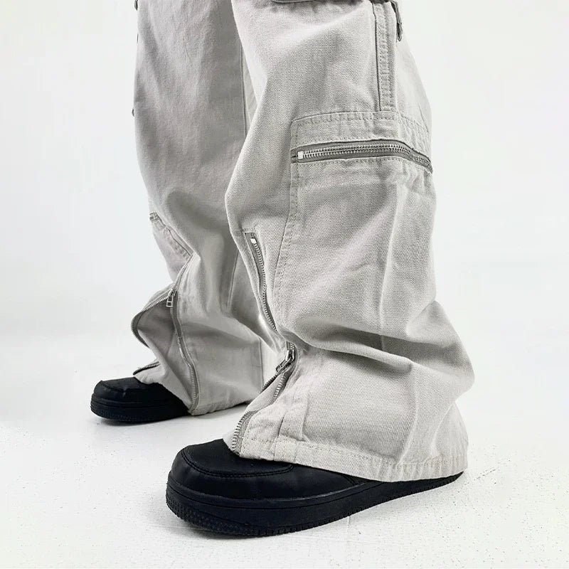 Bonsir Cargo Pants Men Zipper Oversize Wide Leg Trousers Male Streetwear Hip Hop Casual Korean Japanese Pocket Safari Style