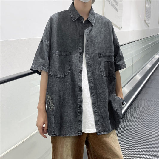 sanyamk Summer Denim Shirts Men's Fashion Vintage Pocket Casual Shirts Mens Japanese Streetwear Loose Short Sleeve Shirts Men M-2XL