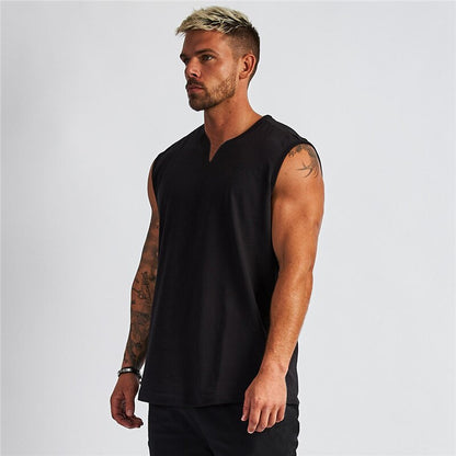 sanyamk Summer Plain Cotton Fitness Mens Gym Tank Top Curved Hem V neck Gym Stringer Vest Bodybuilding Clothing Muscle Sleeveless Shirt