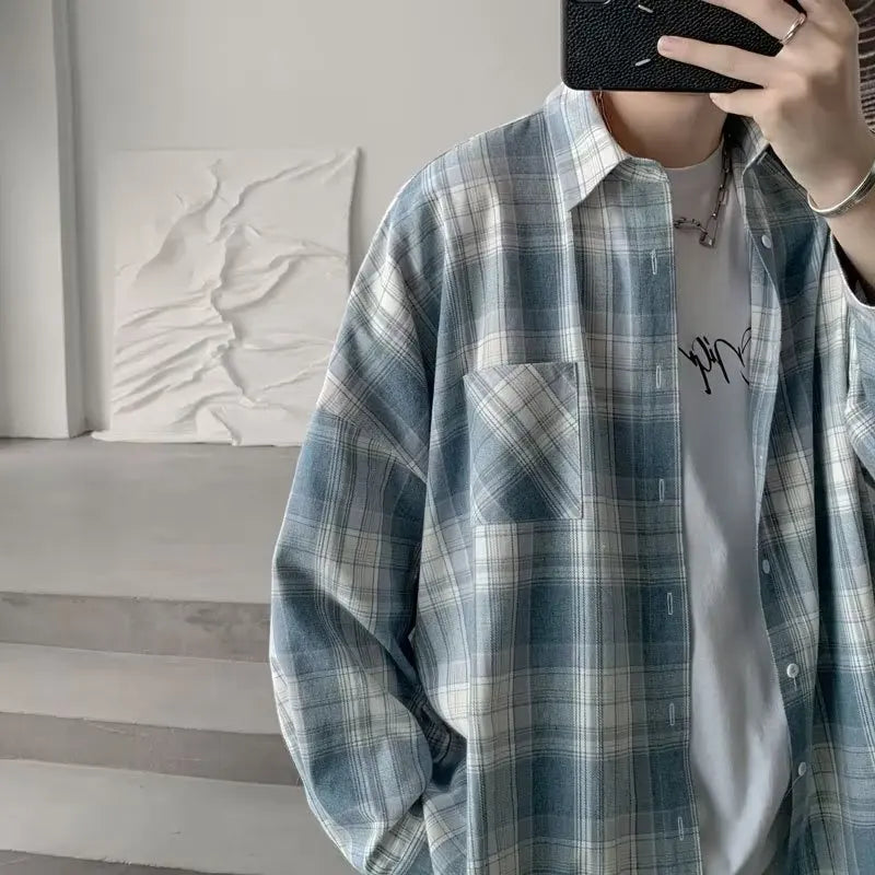 sanyamk Plaid Shirts Men Autumn Stylish Simple High Street American Style Teenagers Vitality Daily Retro Baggy Couple Prevalent Tops