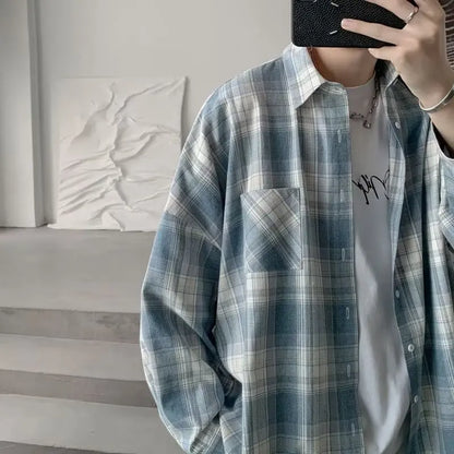 sanyamk Plaid Shirts Men Autumn Stylish Simple High Street American Style Teenagers Vitality Daily Retro Baggy Couple Prevalent Tops