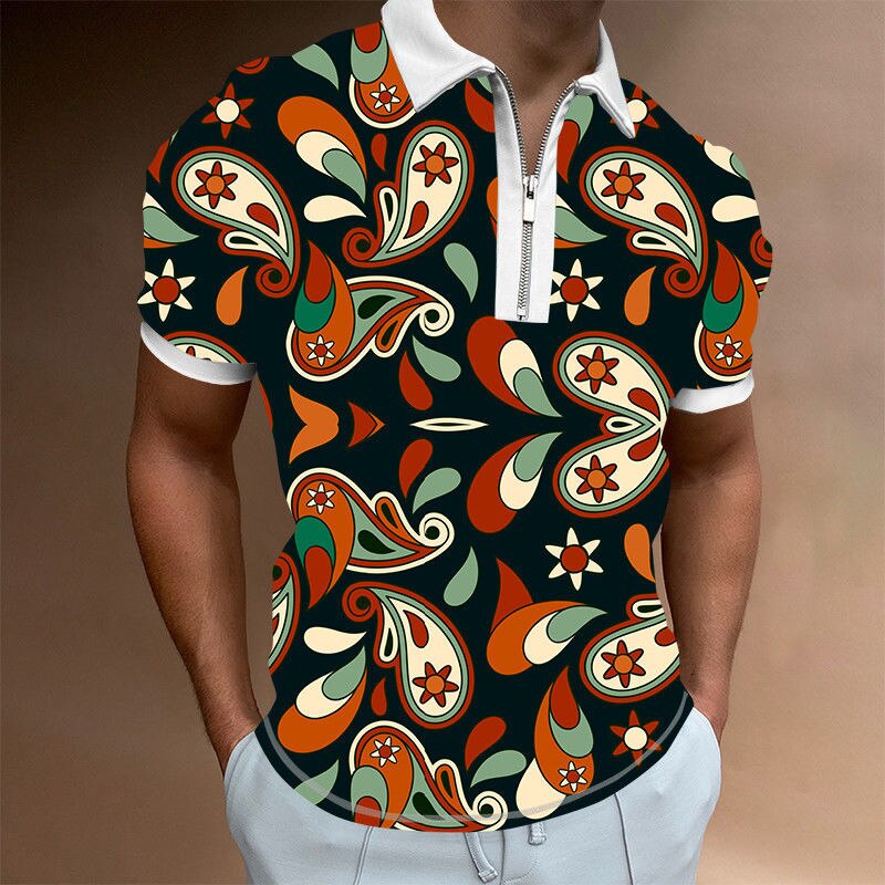 sanyamk T Shirt For 2022 Latest Tops Personality Geometric 3D Printing Casual Short Sleeve Zipper Polo Shirt Men's Clothing y2k Clothes