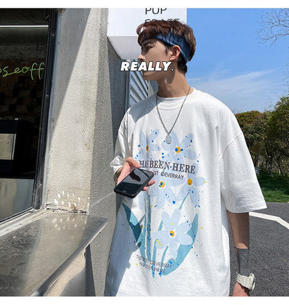 Bonsir Letter Flowers Print Summer Men Clothing Fashion Casual Harajuku Short Sleeve Tshirt XL 2XL Oversized Teenagers Streetwear