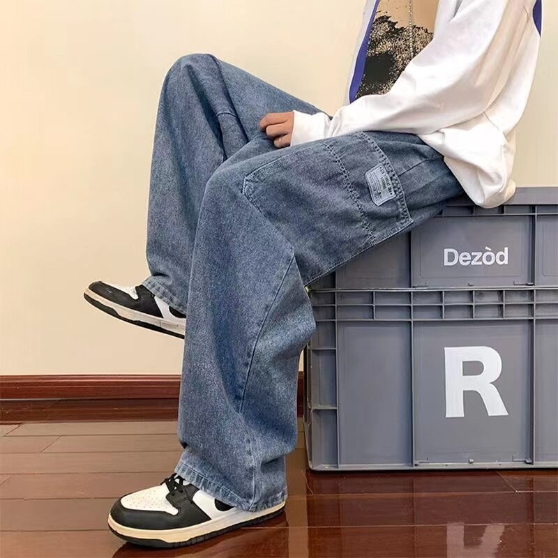 sanyamk Men's Vintage Work Clothes Jeans Fashion Trend Straight Pants Elastic Waist Trousers Blue Color Loose Casaul Pants S-2XL