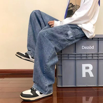 sanyamk Men's Vintage Work Clothes Jeans Fashion Trend Straight Pants Elastic Waist Trousers Blue Color Loose Casaul Pants S-2XL