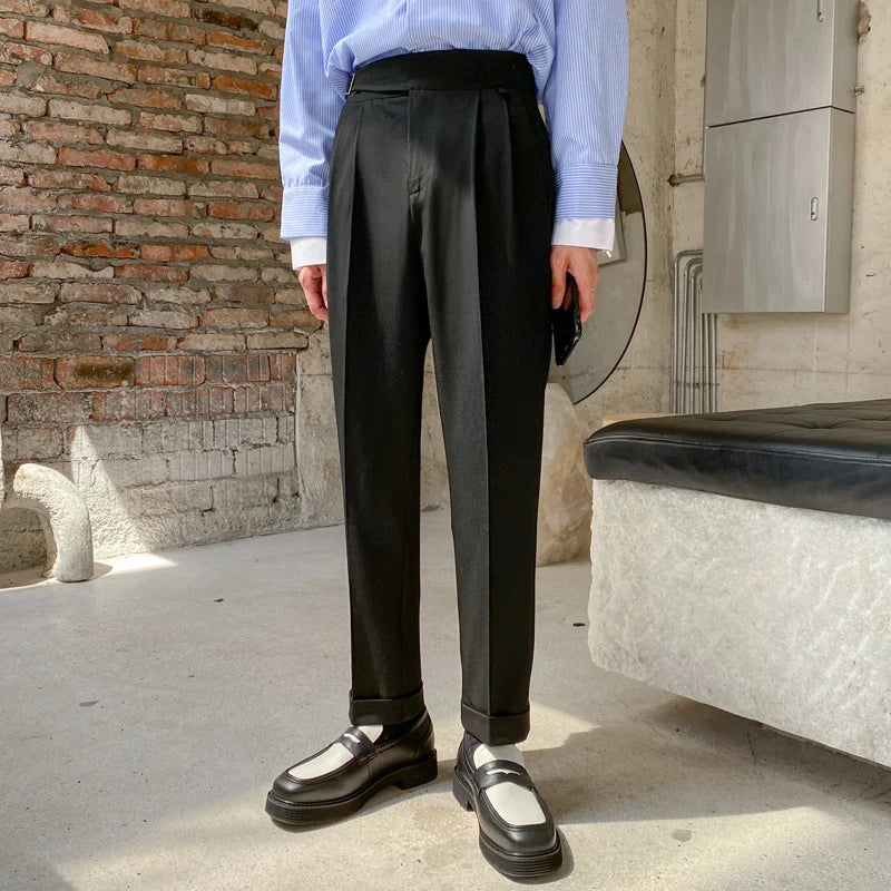 sanyamk  -  Korean Belt Suit Pants Men Fashion Solid Color Casual Dress Pants Men Loose Straight Trousers Mens Office Formal Trousers 28-34