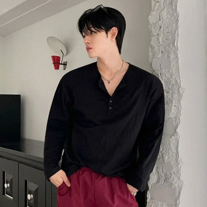 sanyamk  -   New Fashion Men's T-shirts Button Long Sleeve Autumn Menwear Pullover Solid Color Male Clothing Trendy Autumn Simple 9C7800