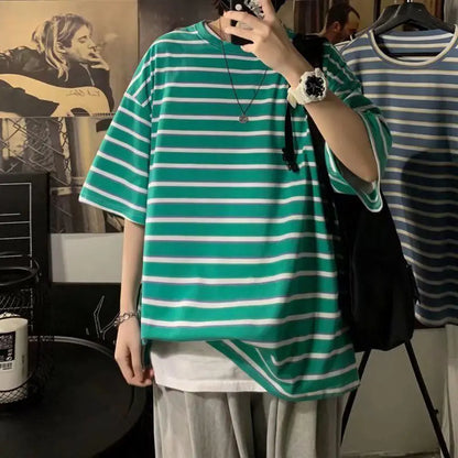 sanyamk  -  Striped Straight Pullovers Oversized Plus Size T-Shirts Loose Simplicity Handsome Short Sleeve Round Neck Casual Men's Clothing