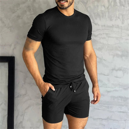 sanyamk Spring Summer Solid Color Casual Ribbed Two Piece Set Men Fashion Short Sleeve O Neck T-shirt And Shorts Suits Mens Clothes