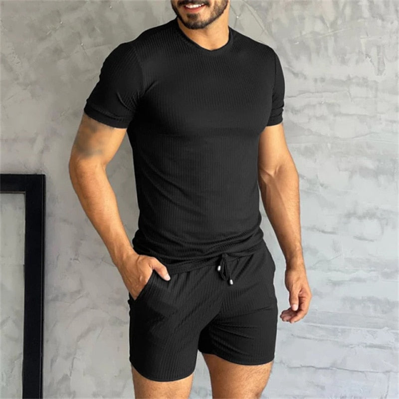 sanyamk Spring Summer Solid Color Casual Ribbed Two Piece Set Men Fashion Short Sleeve O Neck T-shirt And Shorts Suits Mens Clothes