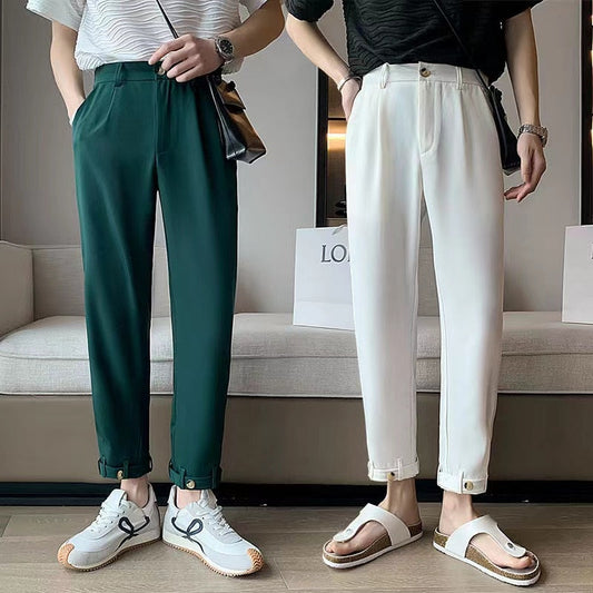 sanyamk Summer Men's Fashion Trend Ice Silk Fabric Suit Pants White/black/green Color Nine Point Casual Pants High-quality Trousers