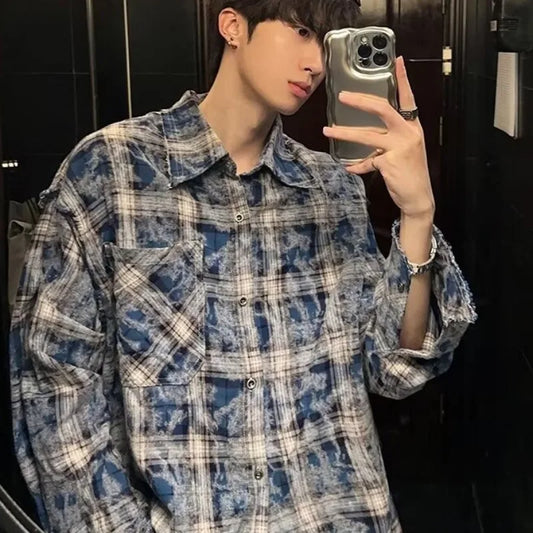 sanyamk Plaid Frayed Jackets Men Korean Style Design Retro Chic All-match Oversize Streetwear Fashion Casual Spring Long Sleeve Daily