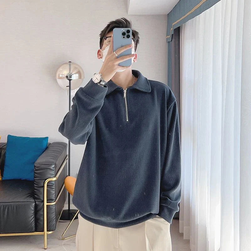 sanyamk Fall Winter Zipper Long Sleeve Men Polo Sweatshirts Casual Fashion Harajuku Oversized Pullovers Punk Streetwear Black White Gray