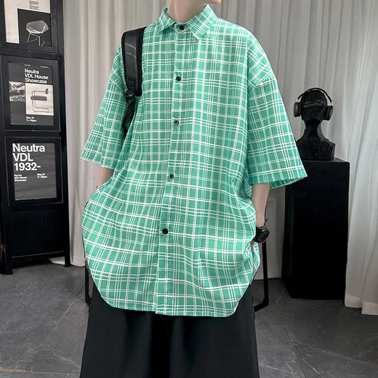 Bonsir Summer Short Sleeved Shirt Men Oversized Retro Plaid Shirt Men Streetwear Korean Loose Casual Shirt Mens Ice Silk Shirts M-2XL