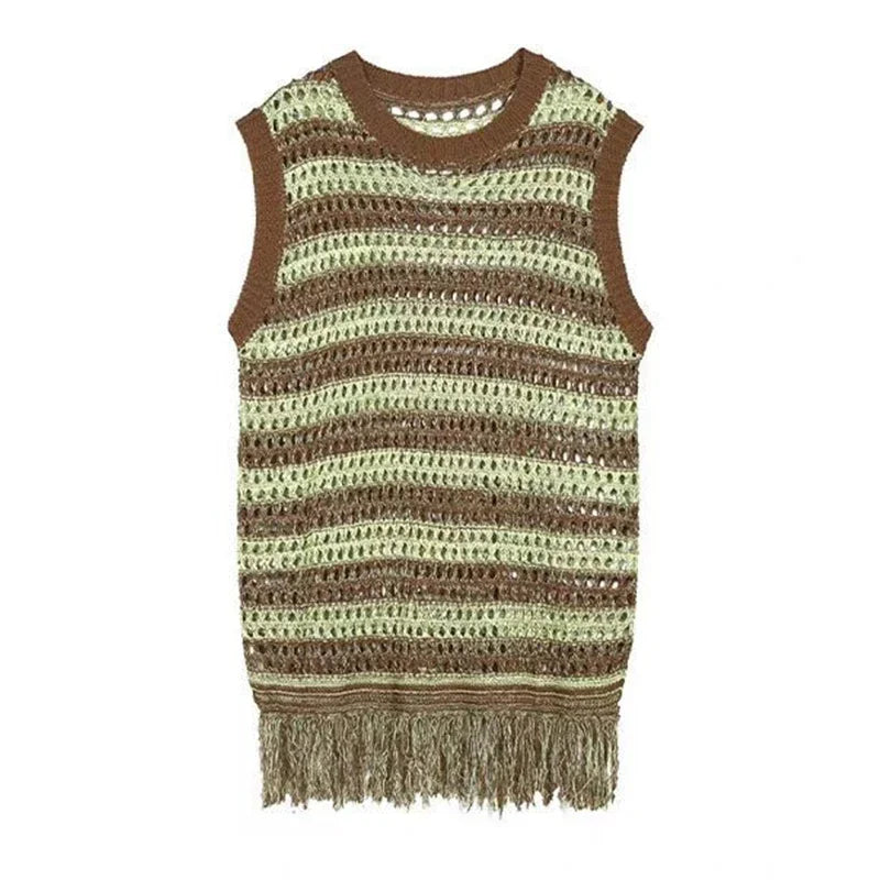 Bonsir Striped Mesh Vest for Men Vintage Knit Tank Tops Sleeveless Tee Male Casual Summer Beach Japanese Streetwear Hip Hop