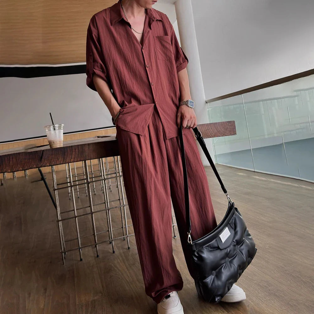 sanyamk Mens Casual Light Shirt Wide Leg Pants 2024 New Genderless Fashion Vacation Basics Versatile Solid Color Suit Two-Piece Unisex